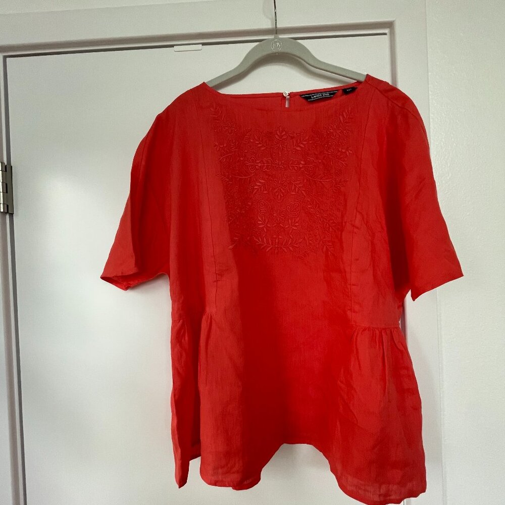 Land's End Short-Sleeve Linen Top with Floral‎ Embroidery in Coral, 12T